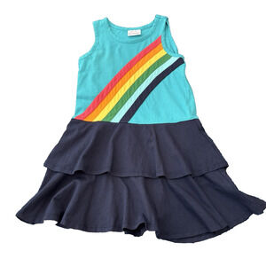 Hanna Andersson Rainbow Tiered Tank Dress Aqua & Navy Blue Cotton 6-7 Yrs 120 cm